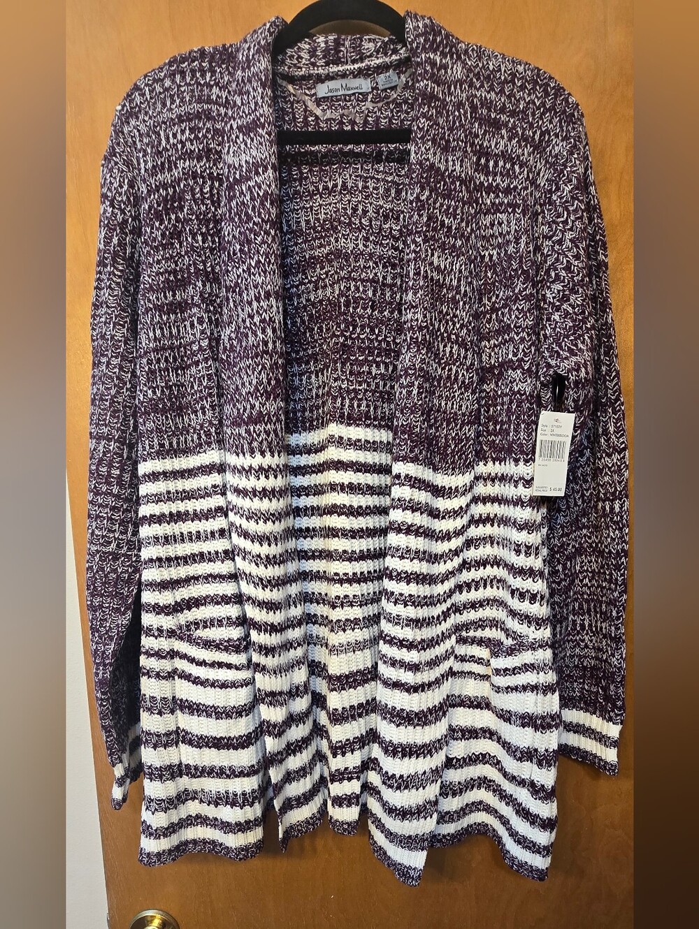 jason maxwell Plum and White Striped Open-Front Sweater Cardigan
